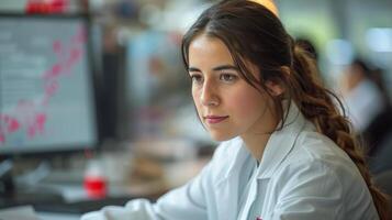 AI generated Woman Sitting at Desk in Front of Computer photo