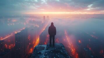 ai generado hombre en pie en parte superior de alto edificio foto