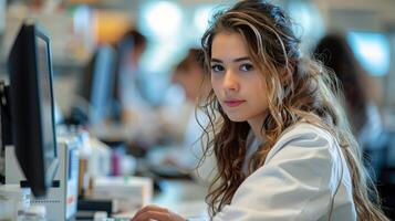 AI generated Woman Sitting at Desk in Front of Computer photo