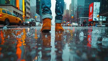 AI generated Person Standing on Wet Sidewalk in Rain photo