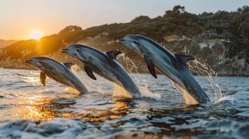 ai generado Tres delfines saltando fuera de el agua a puesta de sol foto