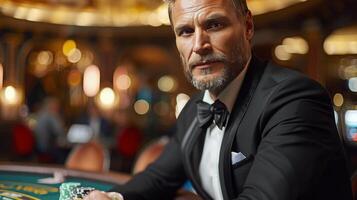 ai generado hombre en smoking sentado a póker mesa foto