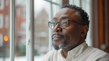 AI generated Man With Glasses Looking Out of a Window photo
