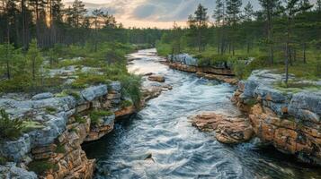 AI generated River Flowing Through Lush Green Forest photo