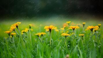 ai generado resumen macro antecedentes presentando pequeño plantas y flores debajo lluvia foto