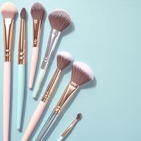 AI generated Photo Flat lay of makeup brushes on a stylish pink and aqua backdrop For Social Media Post Size