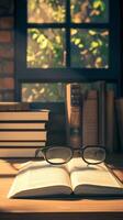 AI generated Reading nook charm Open book with eyeglasses on wooden desk Vertical Mobile Wallpaper photo