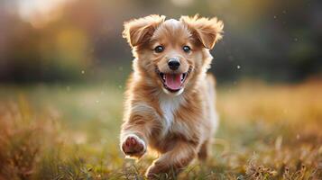 ai generado pequeño perro corriendo mediante campo de césped foto