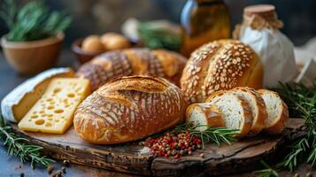 AI generated Bread, Cheese, and Bread Slices on a Table photo