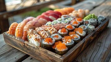 AI generated Assorted Sushi on Wooden Tray photo