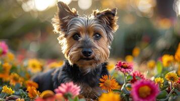 ai generado pequeño perro sentado en campo de flores foto