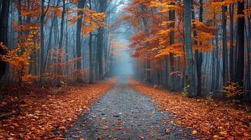 ai generado la carretera corte mediante denso bosque foto