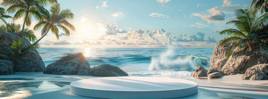 AI generated Beach Scene With Palm Trees and Waves photo