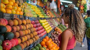 AI generated Woman Standing in Front of Fruit Stand photo