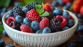 AI generated White Bowl Filled With Berries and Raspberries photo