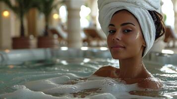 ai generado mujer con toalla en cabeza en nadando piscina foto