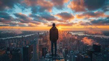 ai generado hombre en pie en parte superior de alto edificio foto