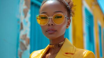 AI generated Woman in Yellow Sunglasses and Jacket photo