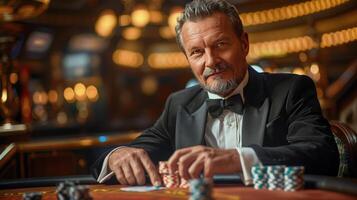 AI generated Man in Tuxedo Sitting at Poker Table photo