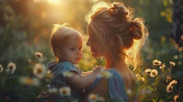 AI generated Woman Holding Baby in Field of Flowers photo