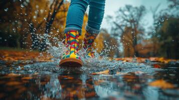 ai generado persona salpicaduras mediante charco en vistoso lluvia botas foto