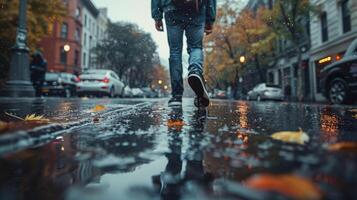 AI generated Person Standing on Wet Sidewalk in Rain photo