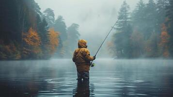 AI generated Man Standing in Lake Holding Fishing Pole photo