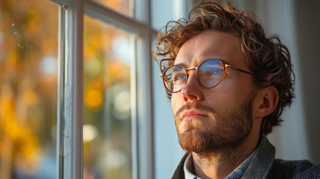 AI generated Man With Glasses Looking Out of a Window photo