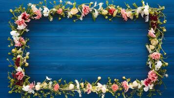 AI generated shot Spring background with flowers frame on blue wooden table photo
