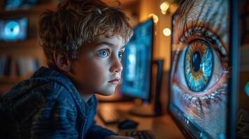 ai generado joven chico mirando a computadora pantalla foto