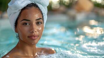 AI generated Woman With Towel on Head in Swimming Pool photo