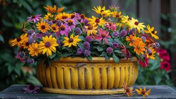 ai generado vistoso flores en amarillo plantador foto