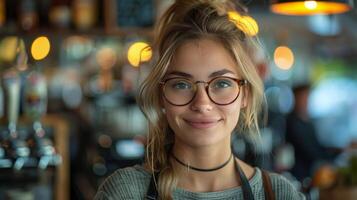 ai generado mujer vistiendo lentes en pie en frente de bar foto