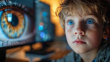 ai generado joven chico mirando a computadora pantalla foto