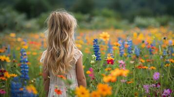 ai generado pequeño niña en pie en campo de flores foto