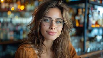 ai generado mujer vistiendo lentes en pie en frente de bar foto