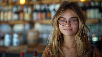 ai generado mujer vistiendo lentes en pie en frente de bar foto