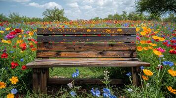 ai generado de madera banco en campo de flores foto