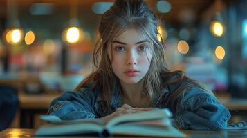 AI generated Girl Reading Book at Table photo