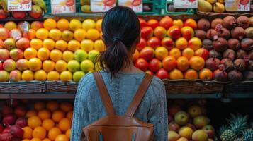 ai generado mujer en pie en frente de Fruta estar foto