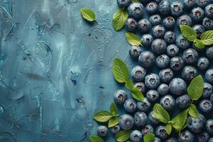 AI generated Blueberries With Green Leaves on a Blue Background photo