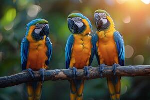 AI generated Three Colorful Parrots Sitting on a Tree Branch photo