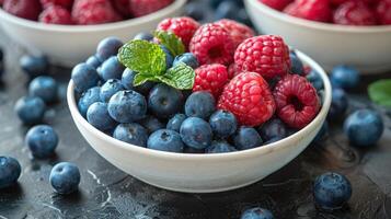 AI generated White Bowl Filled With Berries and Raspberries photo