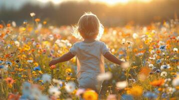 ai generado pequeño niña en pie en campo de flores foto