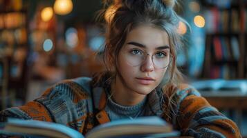 AI generated Girl Reading Book at Table photo