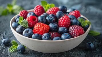 AI generated White Bowl Filled With Berries and Raspberries photo