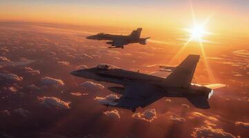 AI generated Two Fighter Jets Flying in the Sky at Sunset photo