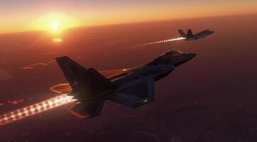 AI generated Two Fighter Jets Flying in the Sky at Sunset photo