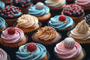 AI generated Table Filled With Frosted Cupcakes photo