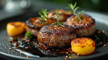 AI generated Black Plate With Meat and Potatoes photo